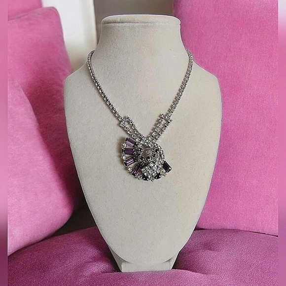 Vintage Jewelry - Vintage Silver Tone Clear & Purple Rhinestone Pendant Choker Necklace Unsigned